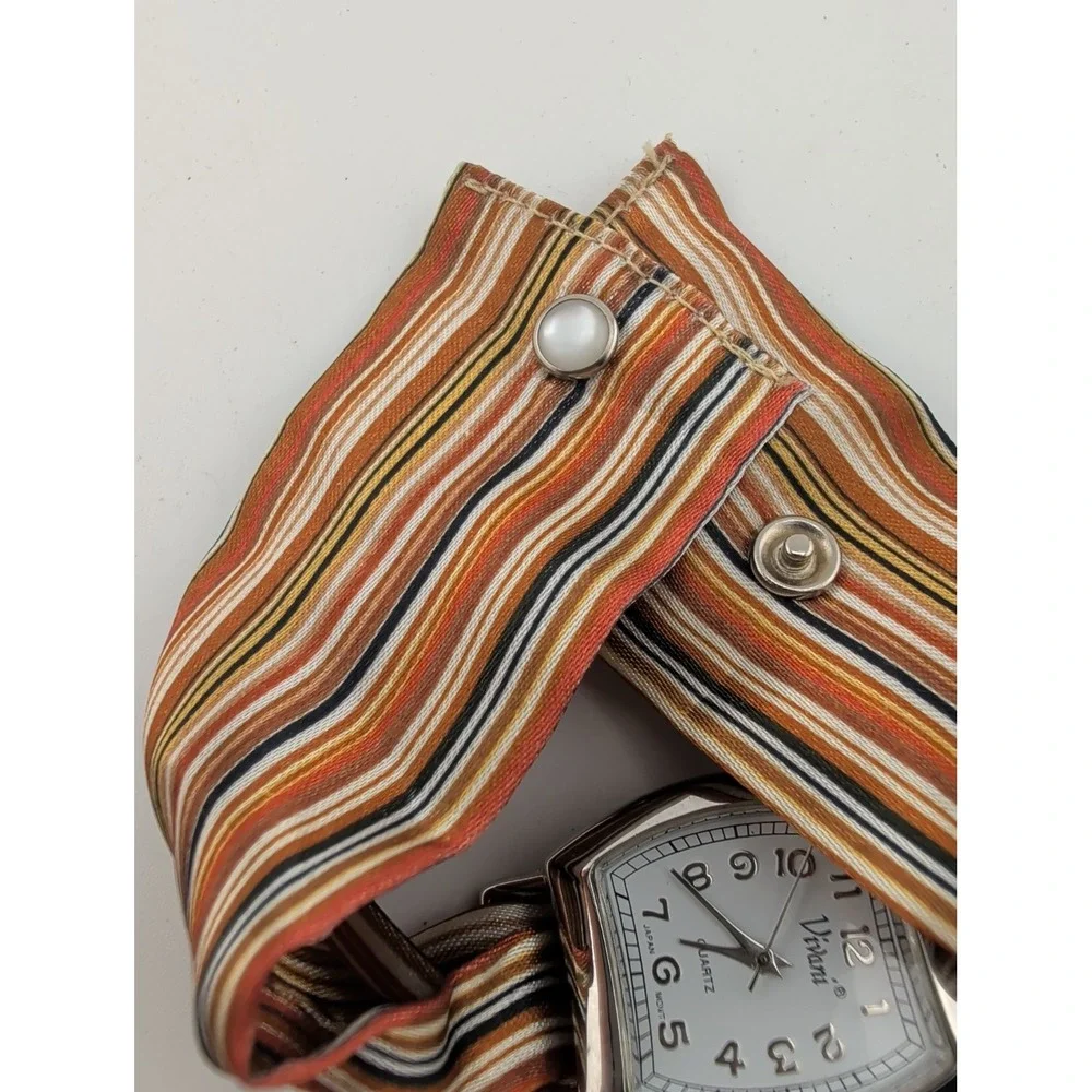 Vivani Women's Watch 28mm Silver Case Orange/Brown Fabric Band- New Battery